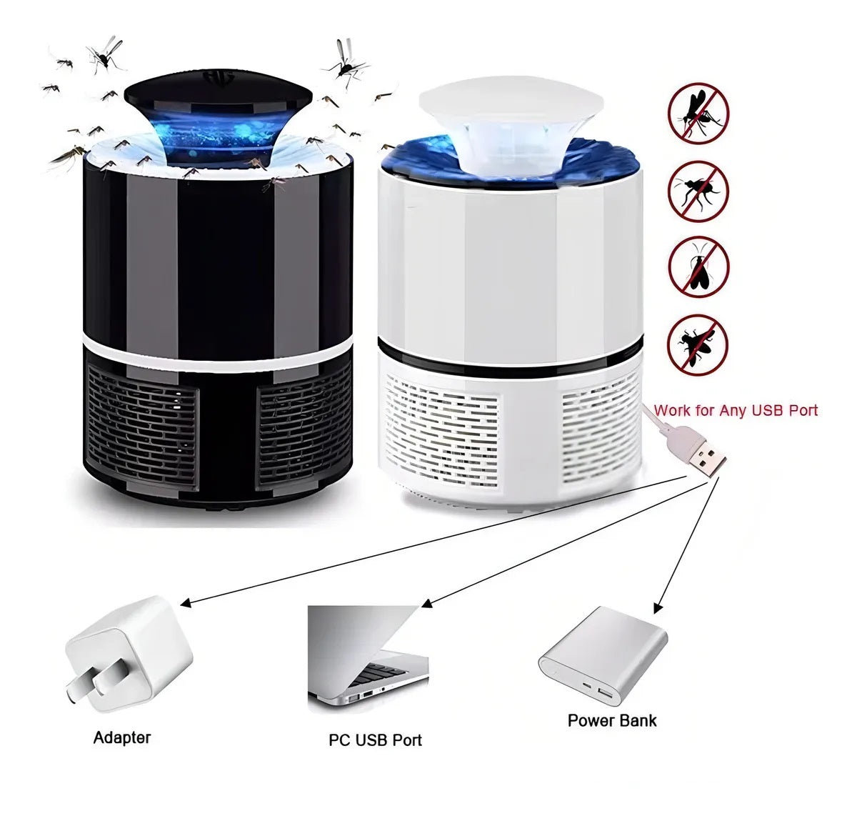 Lámpara antimosquitos UV encendida mostrando cobertura 360 grados