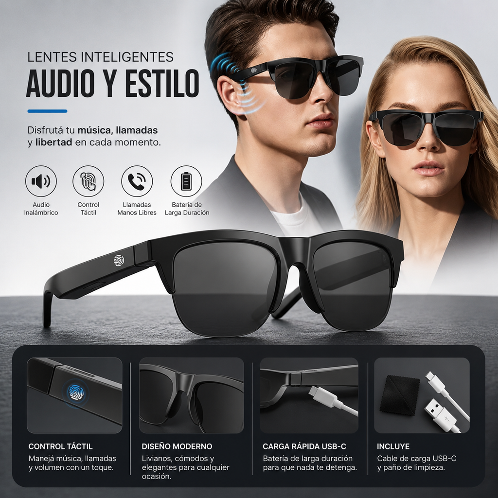 Traducís, Escuchás y Hablás con IA - Lentes Inteligentes Bluetooth F08